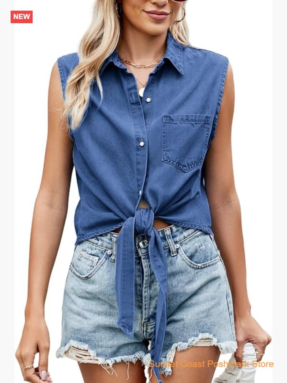 Button Down Tie Front Tank Top Sleeveless Denim Chambray Blouse